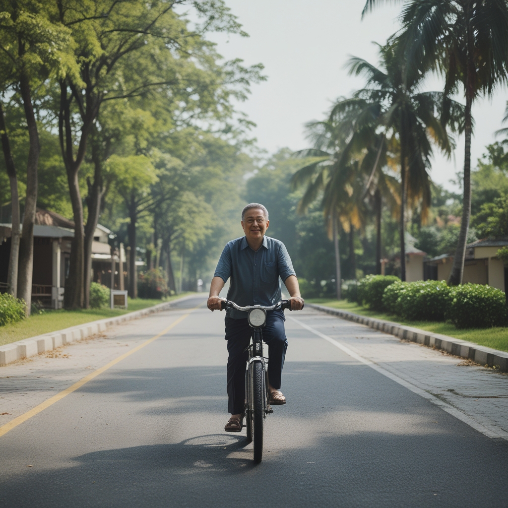 Pria berusia sekitar 45 tahun bersepeda santai melewati jalan setapak di taman kota yang hijau, mengenakan pakaian olahraga kasual, ekspresi damai