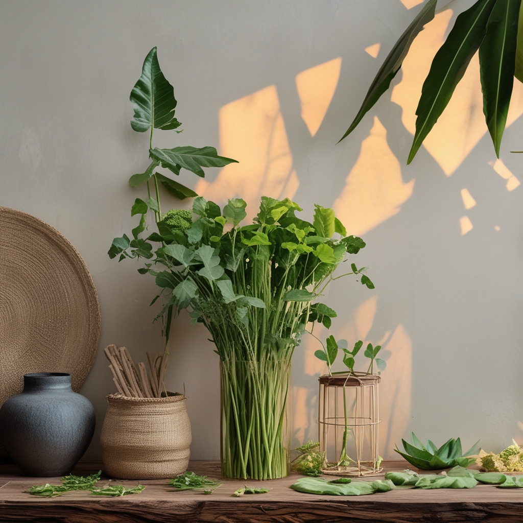 Bermacam sayuran berdaun hijau segar termasuk bayam, kangkung, dan selada air ditata rapi di atas permukaan kayu